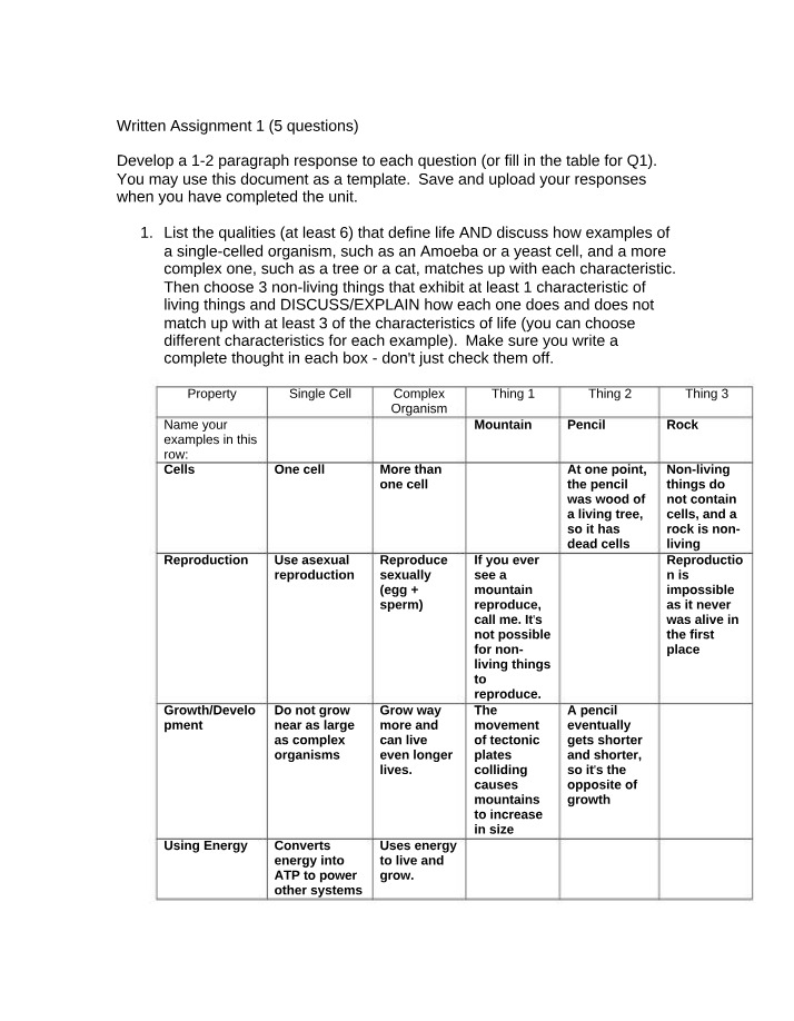 Written Assignment 1 for Biology