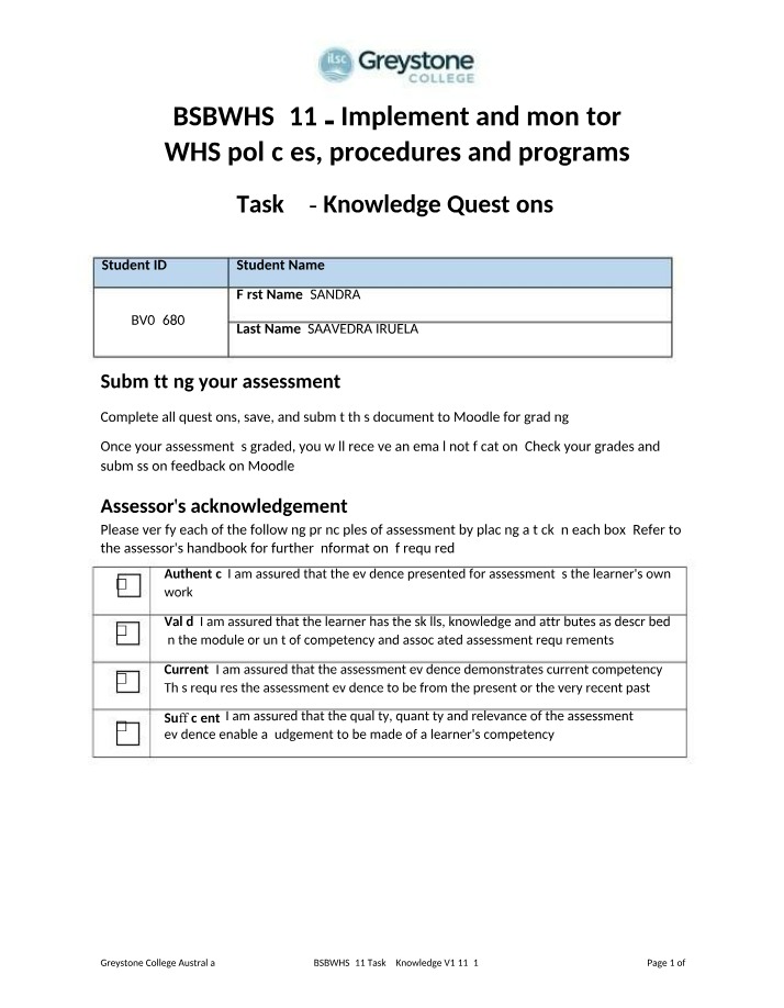 Task 2 Knowledge Questions - BSBWHS411