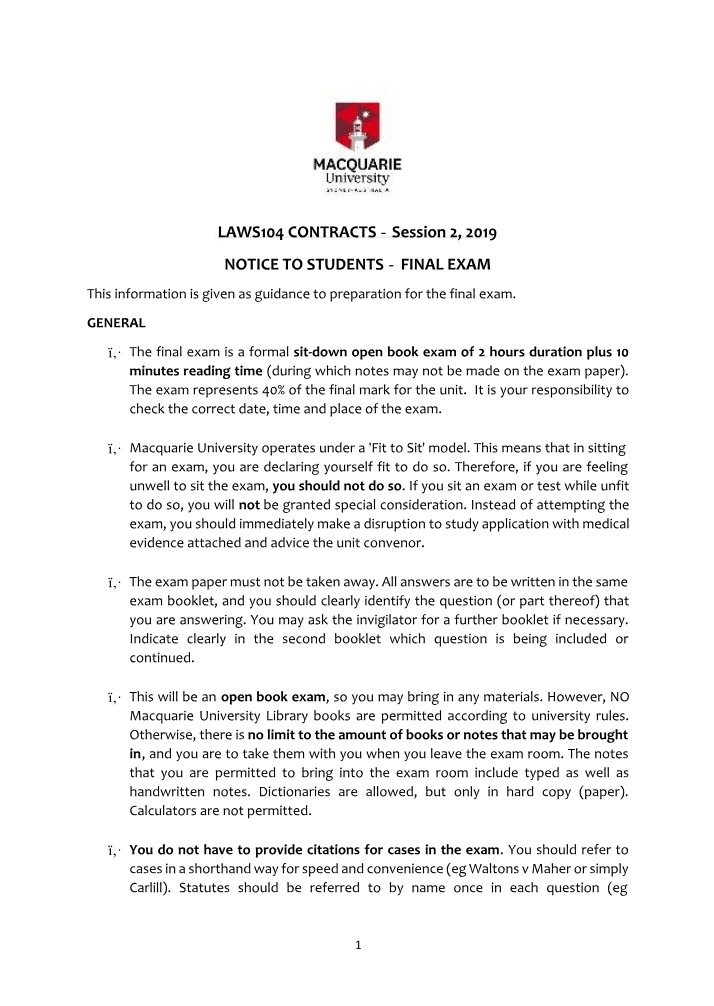 Contracts - Final Exam Guidelines and Format