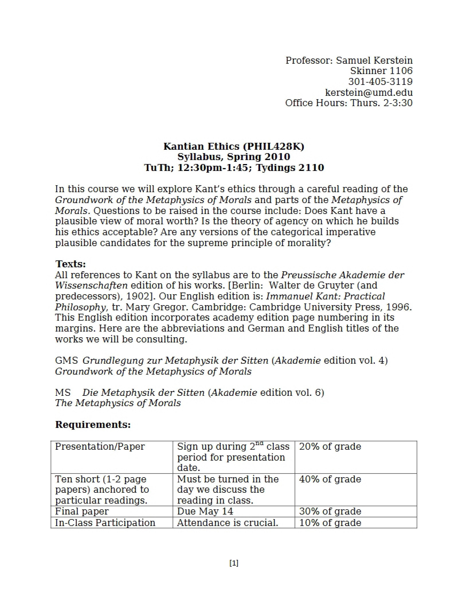 Kantian Ethics Syllabus