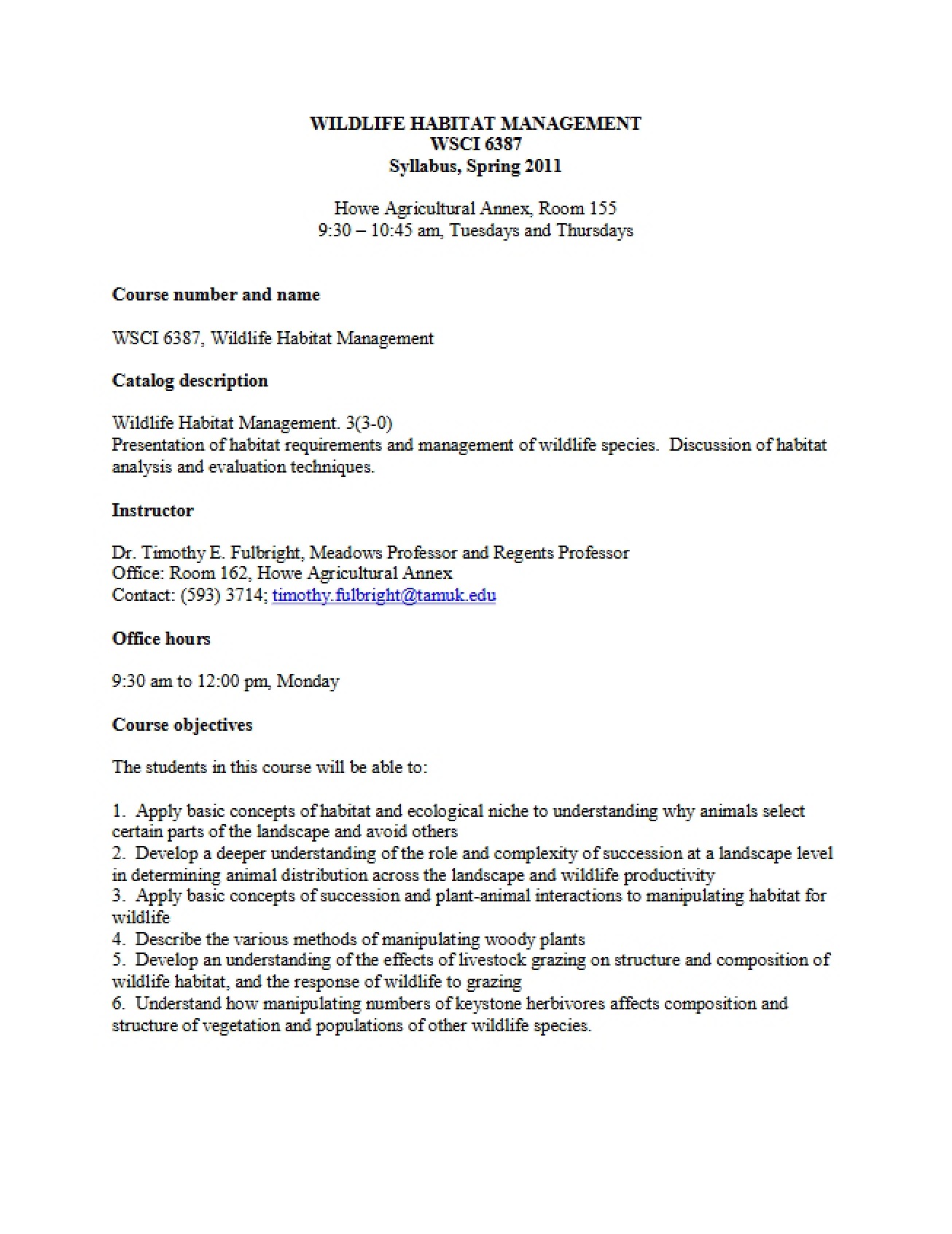 Syllabus for Wildlife Habitat Management