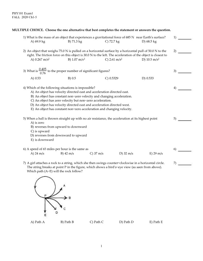 PHY101 Exam 1 (Chapters 1-5) - Fall 2020