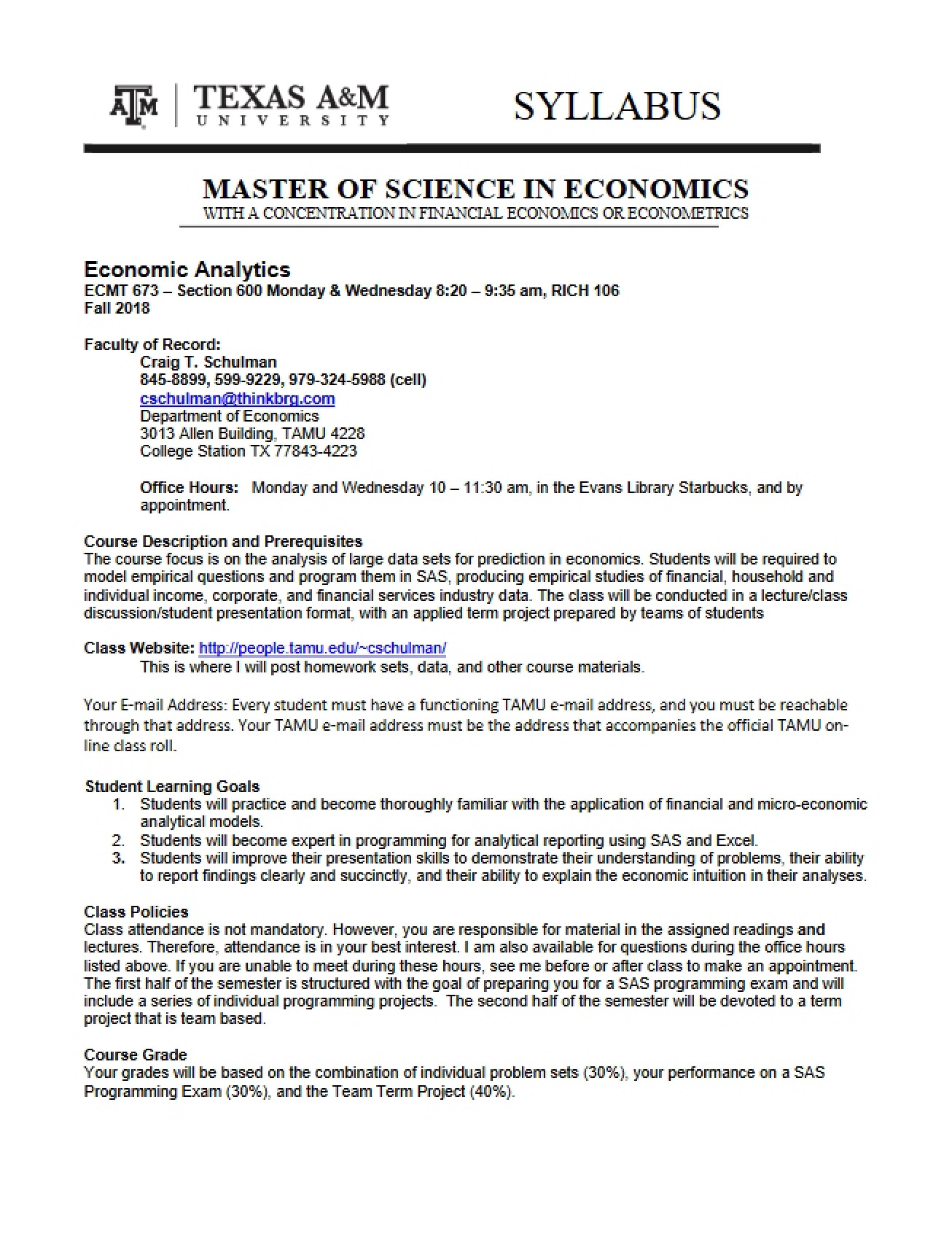 Syllabus for Econometrics