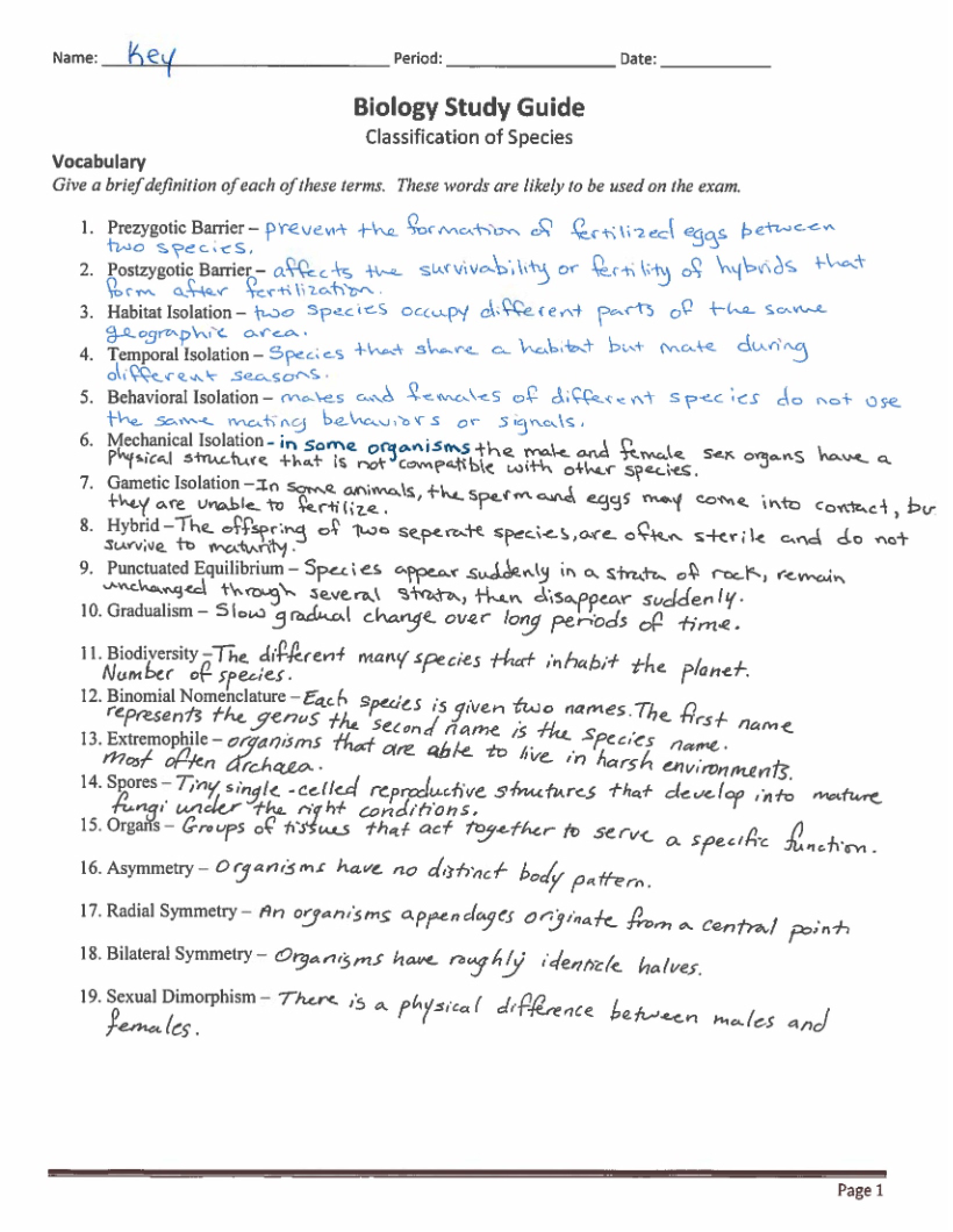 Key to Classification Study Guide