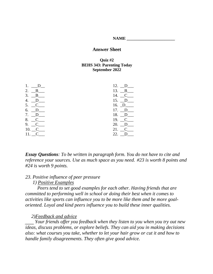 Quiz 2 Answer Sheet - BEHS 343 Parenting Today