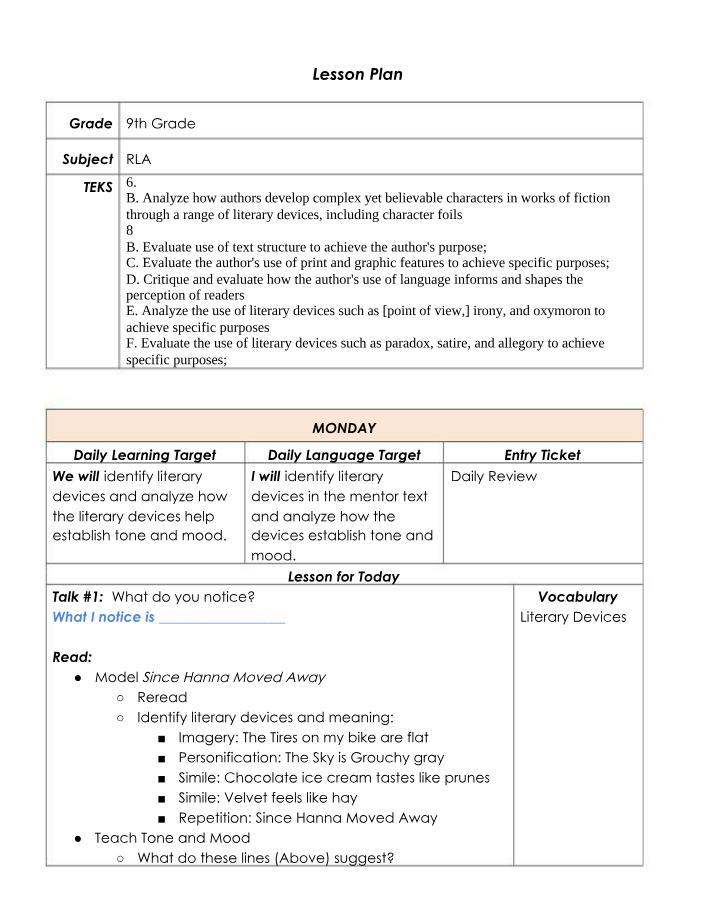 Literary Devices Lesson Plan for Tone and Mood