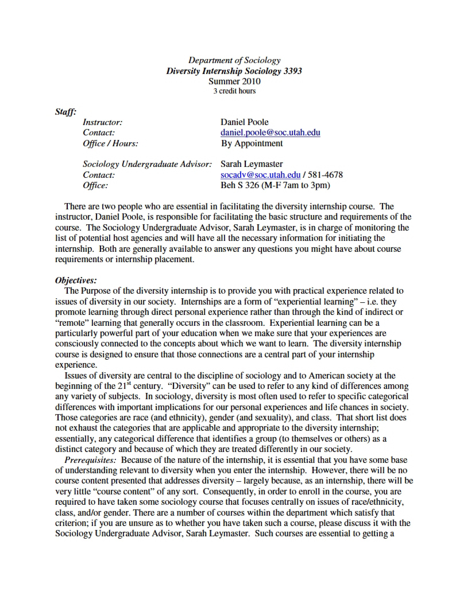 Diversity Internship Course Syllabus