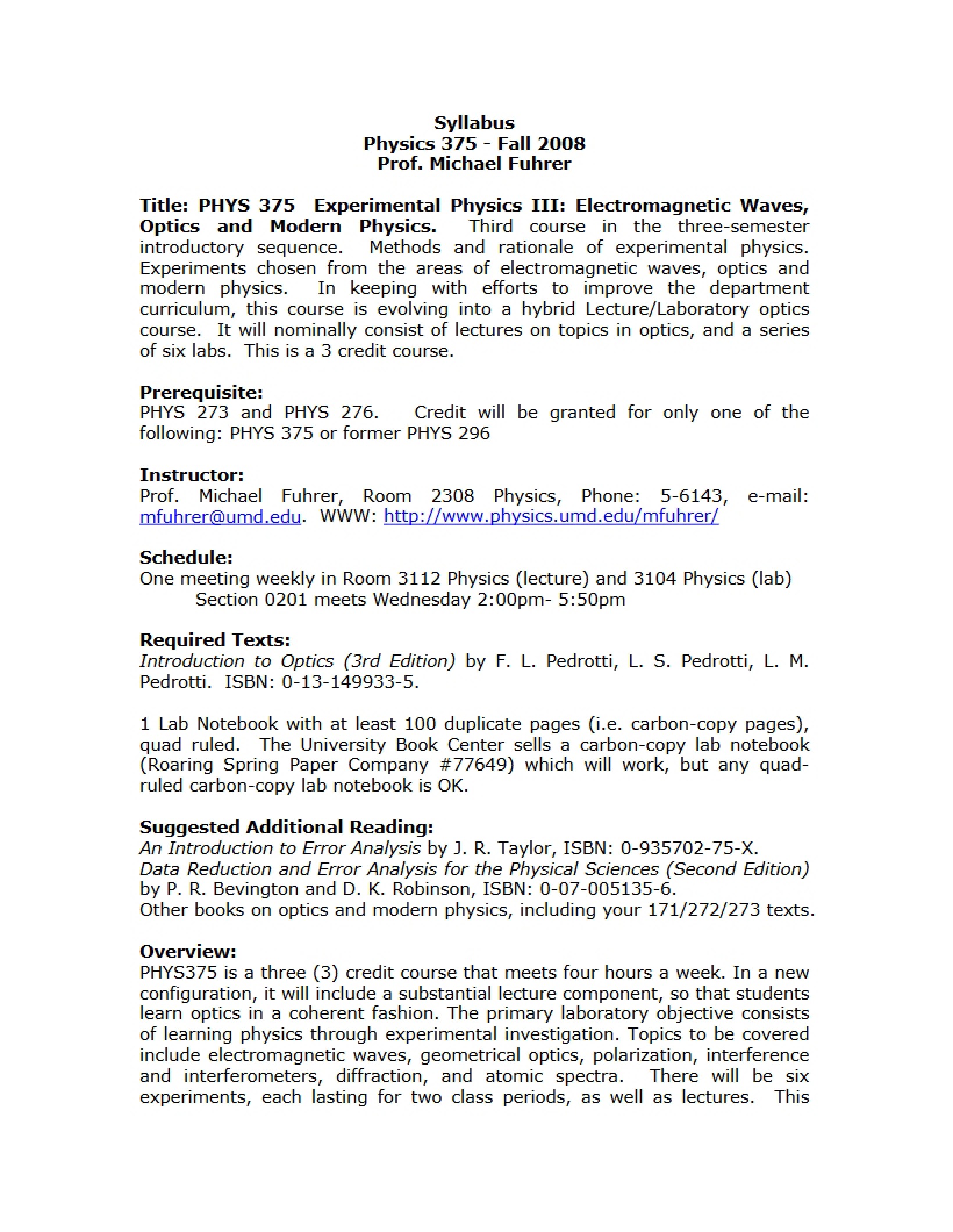 Optics and Modern Physics Syllabus