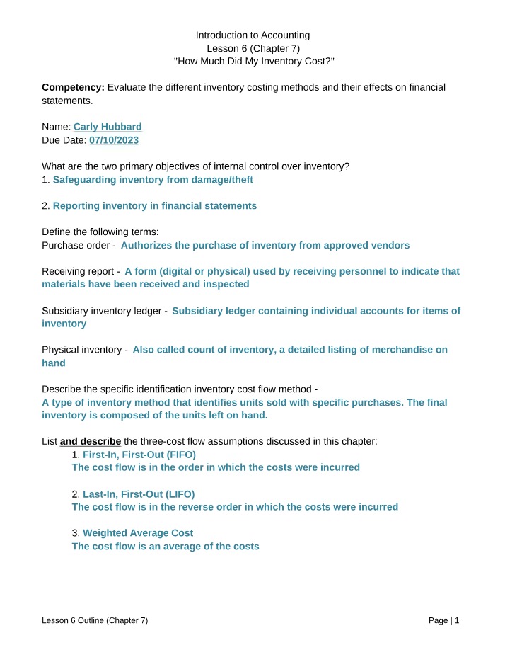 Outline for Lesson 6