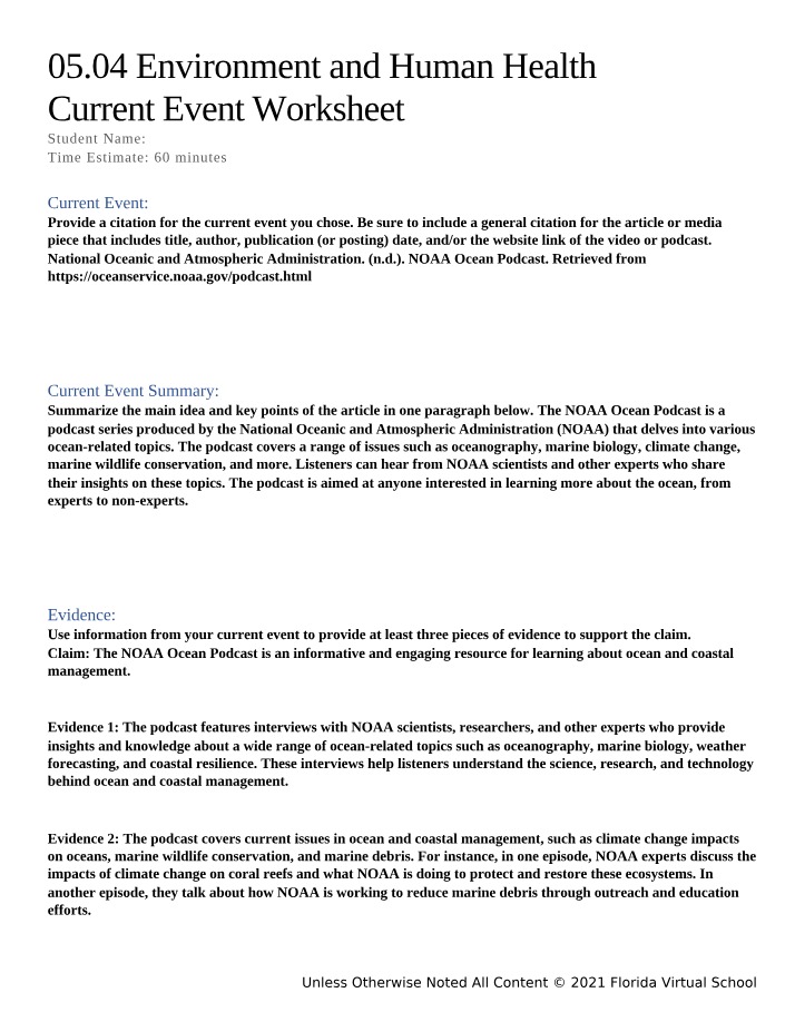 05.04 Environment and Human Health Current Event Worksheet Section 4