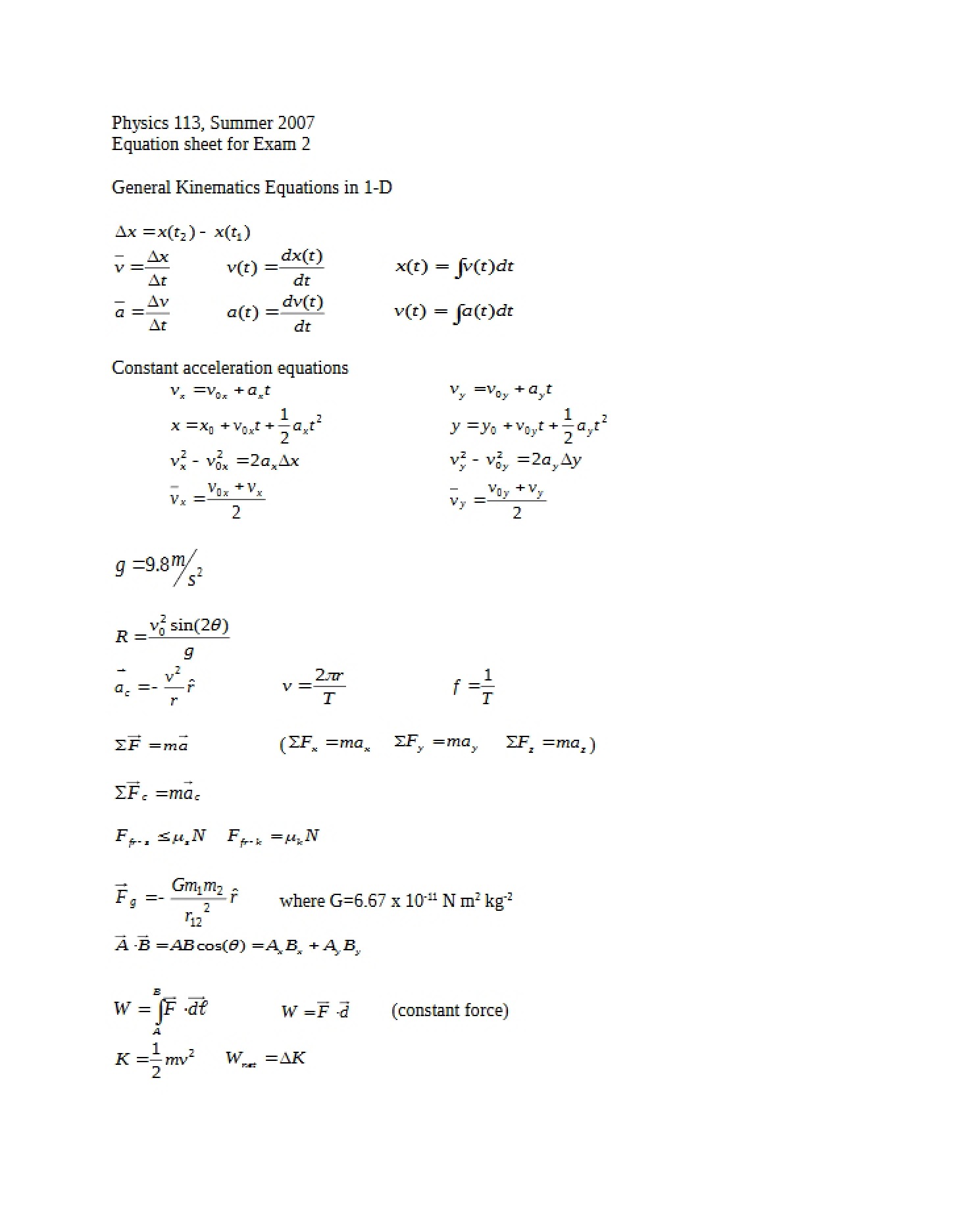 Equation Sheet for Exam 2