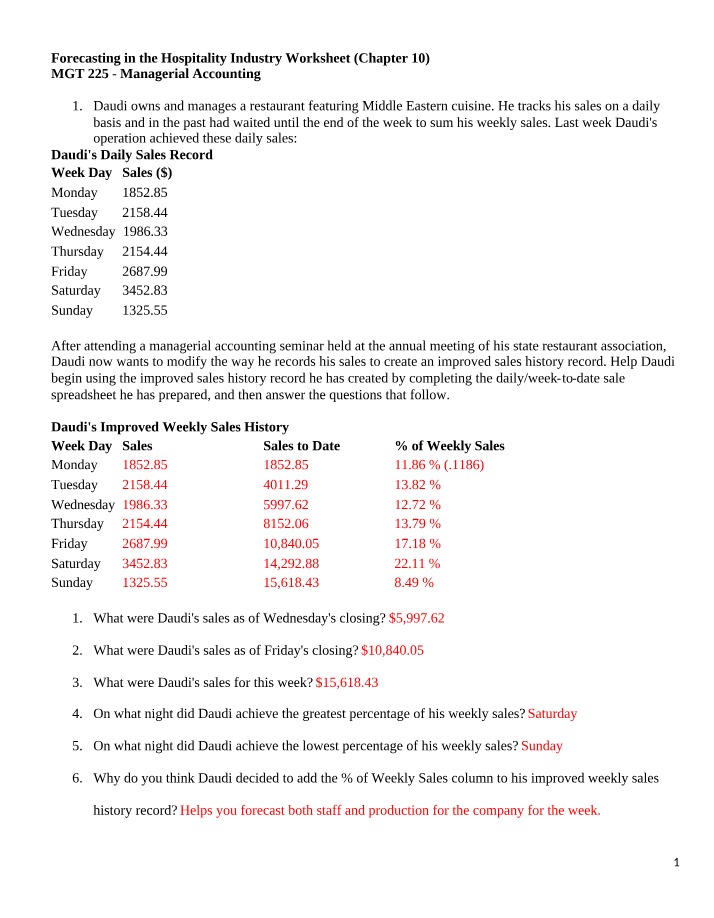 Worksheet on Forecasting in the Hospitality Industry