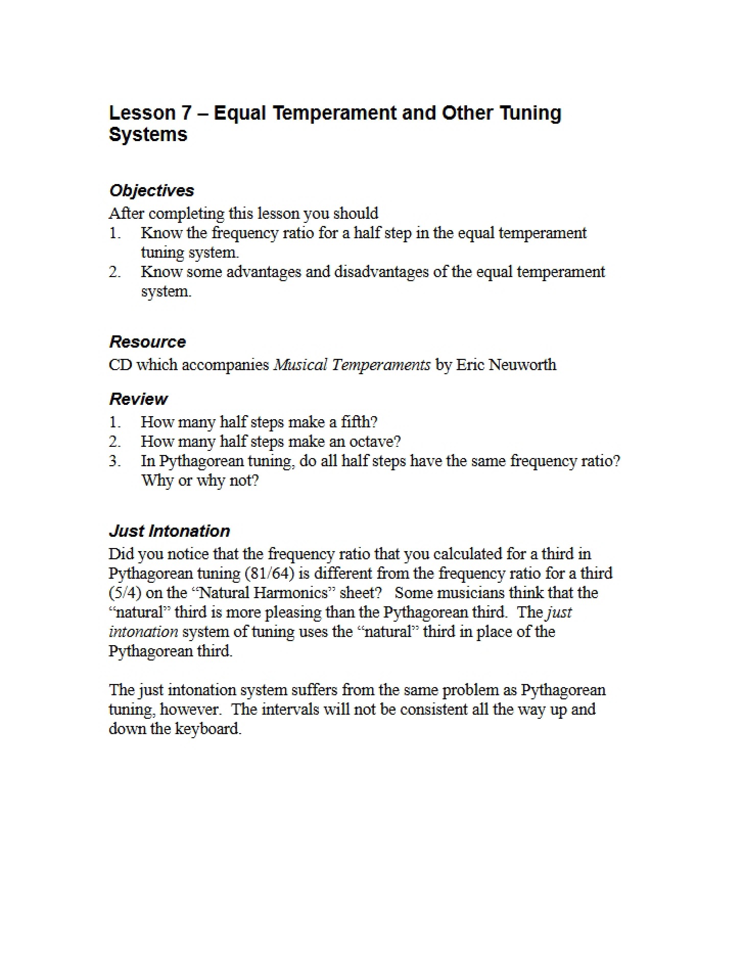 Tuning Systems including Equal Temperament