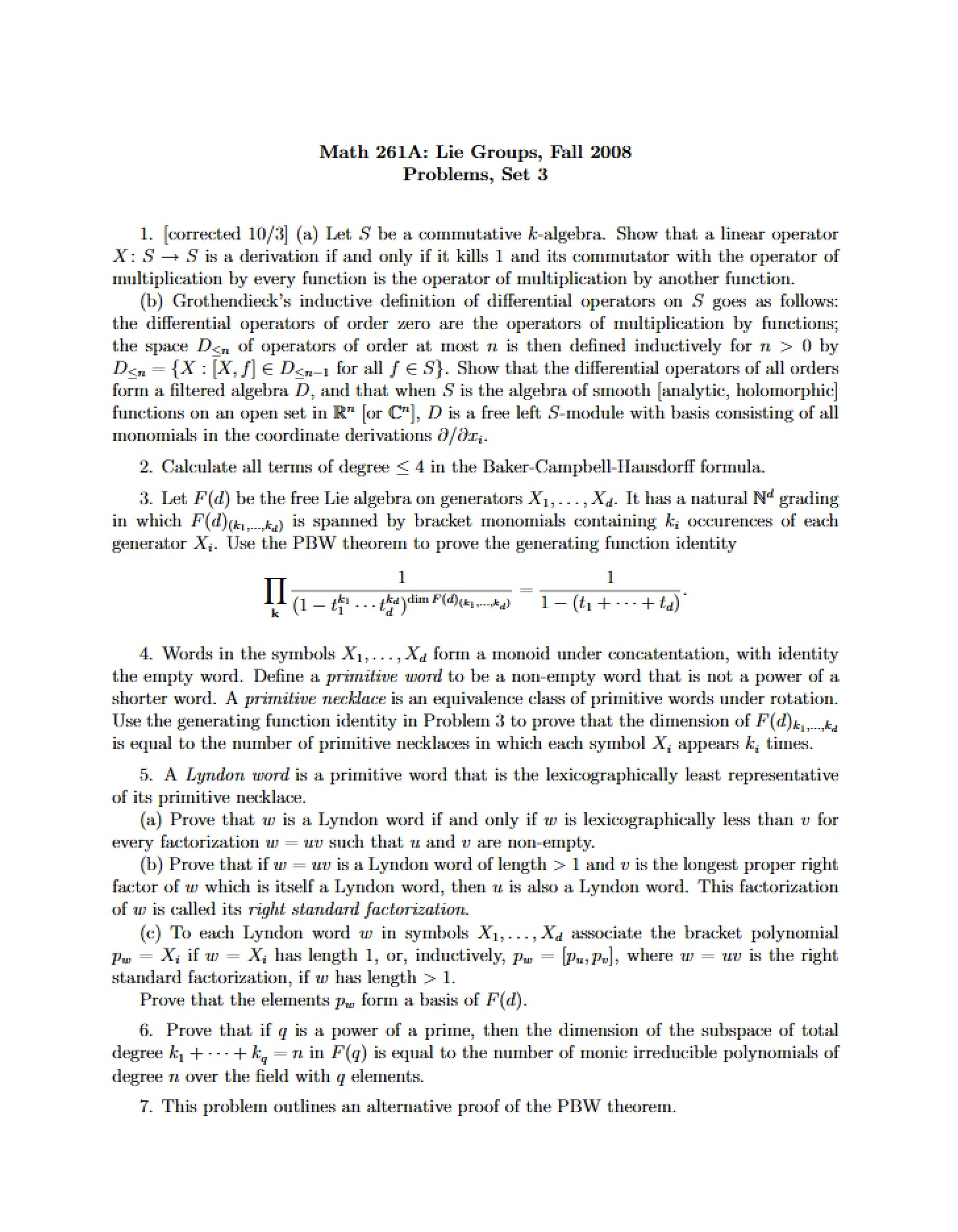 Problems Lie Groups (Math 261A)