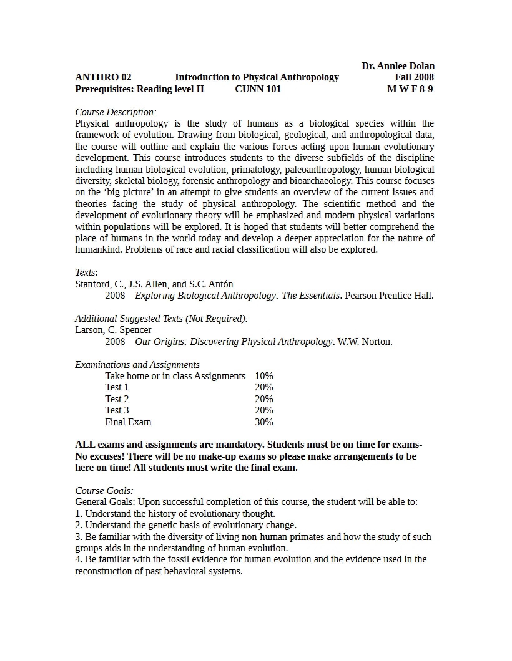 Physical Anthropology Syllabus - ANTHR 2