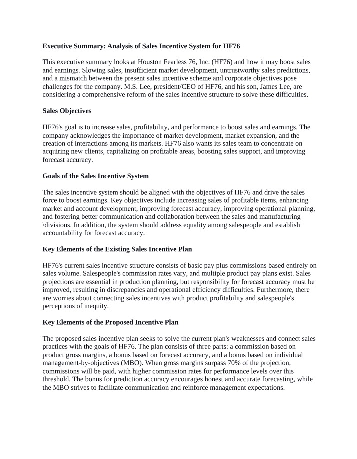 Sales Incentive System Analysis for HF76