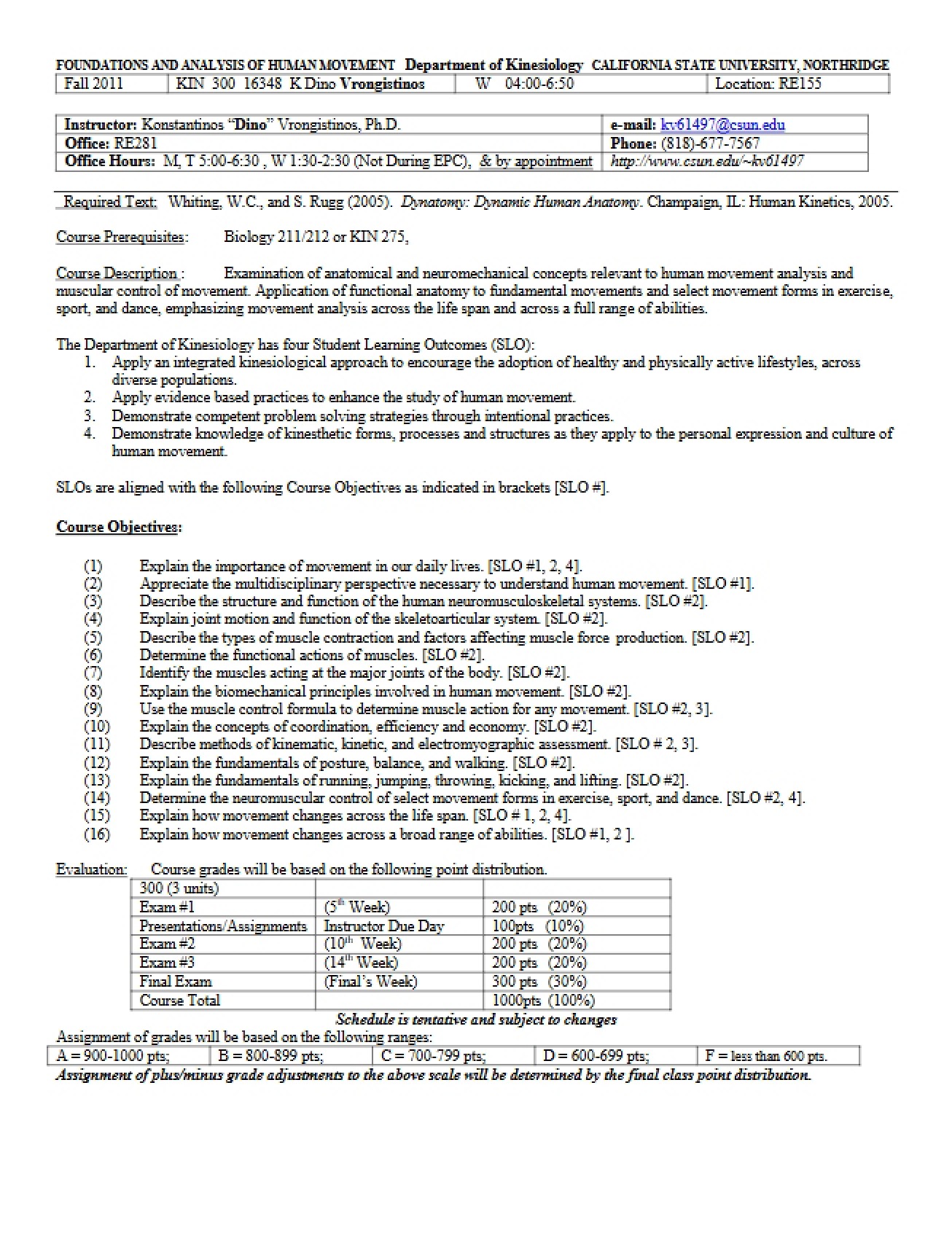 Human Movement Analysis Syllabus