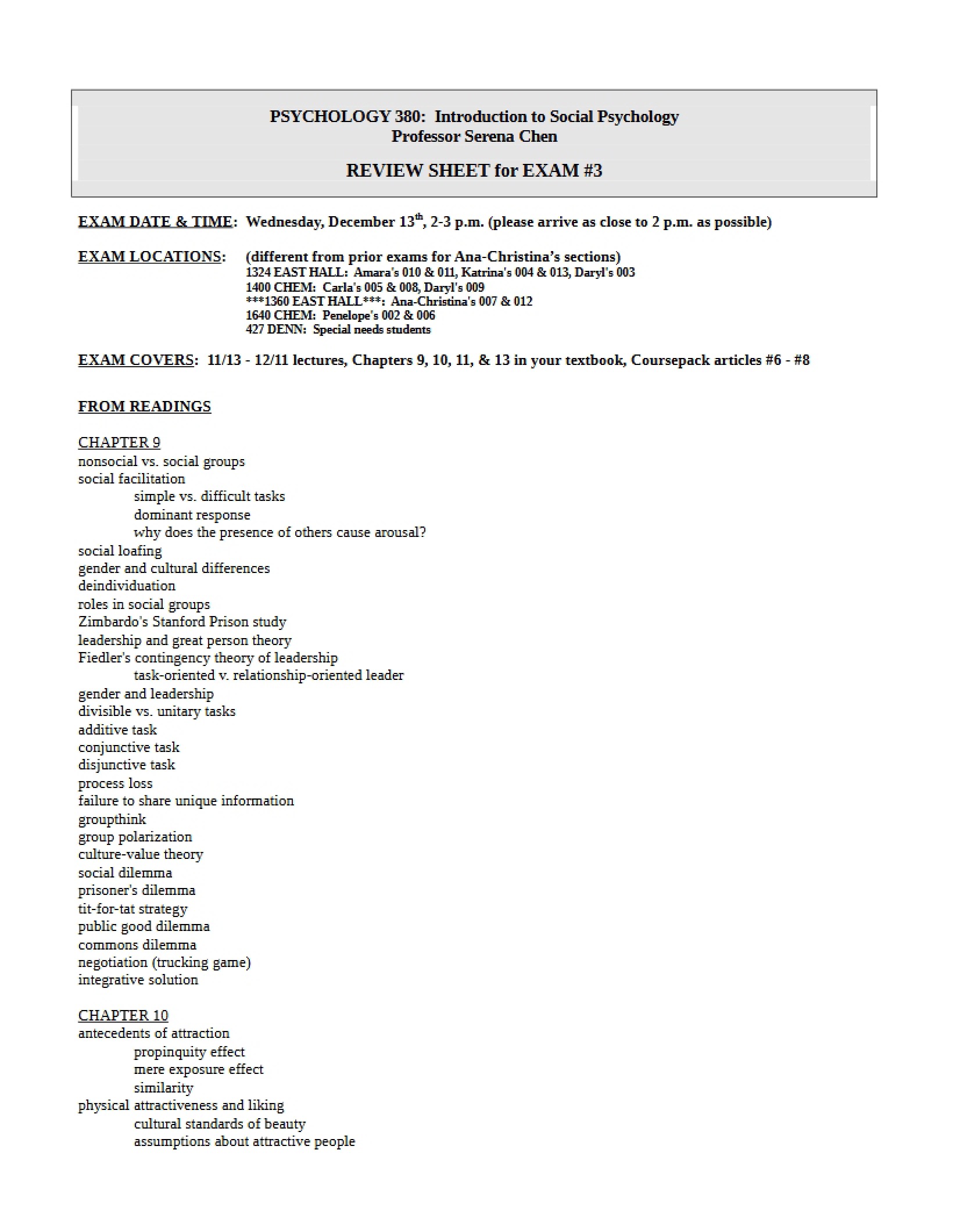 Exam Review Sheet Psych 380