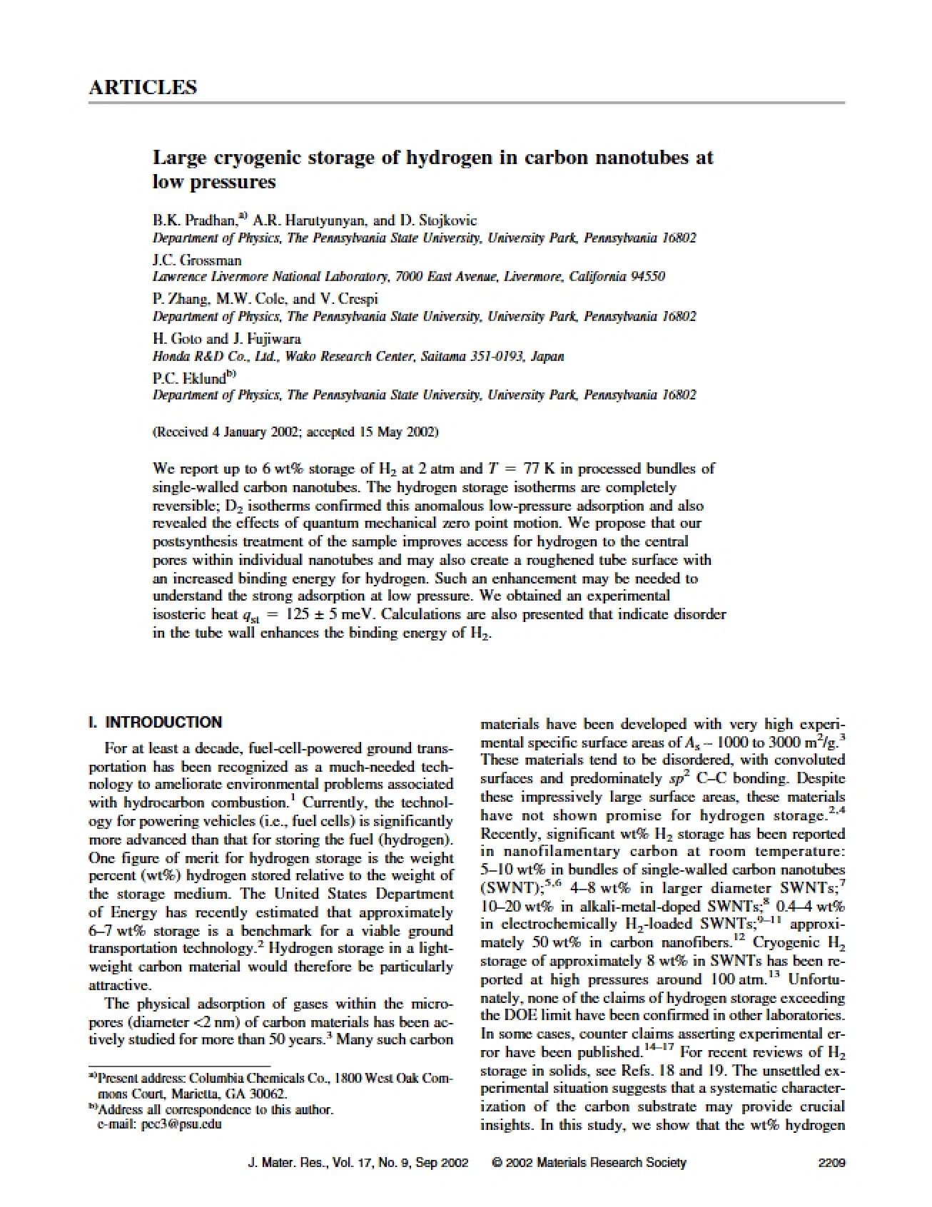 Low Pressure Hydrogen Storage in Nanotubes