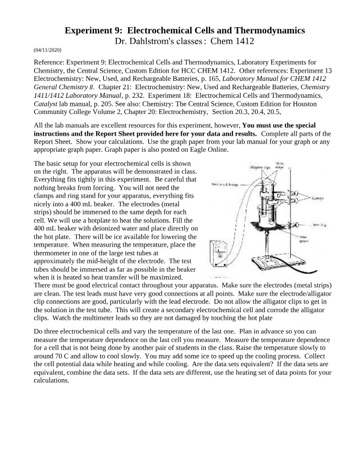 Thermodynamics and Electrochemical Cells - Experiment 9