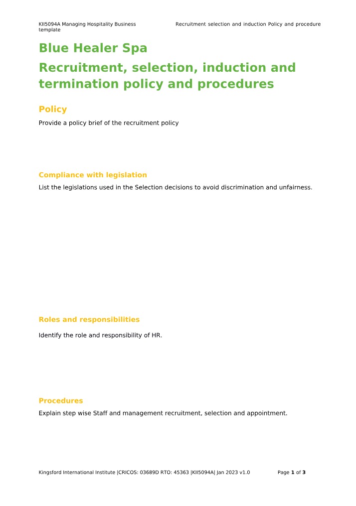 Policy and Procedures - Recruitment, Selection, and Induction
