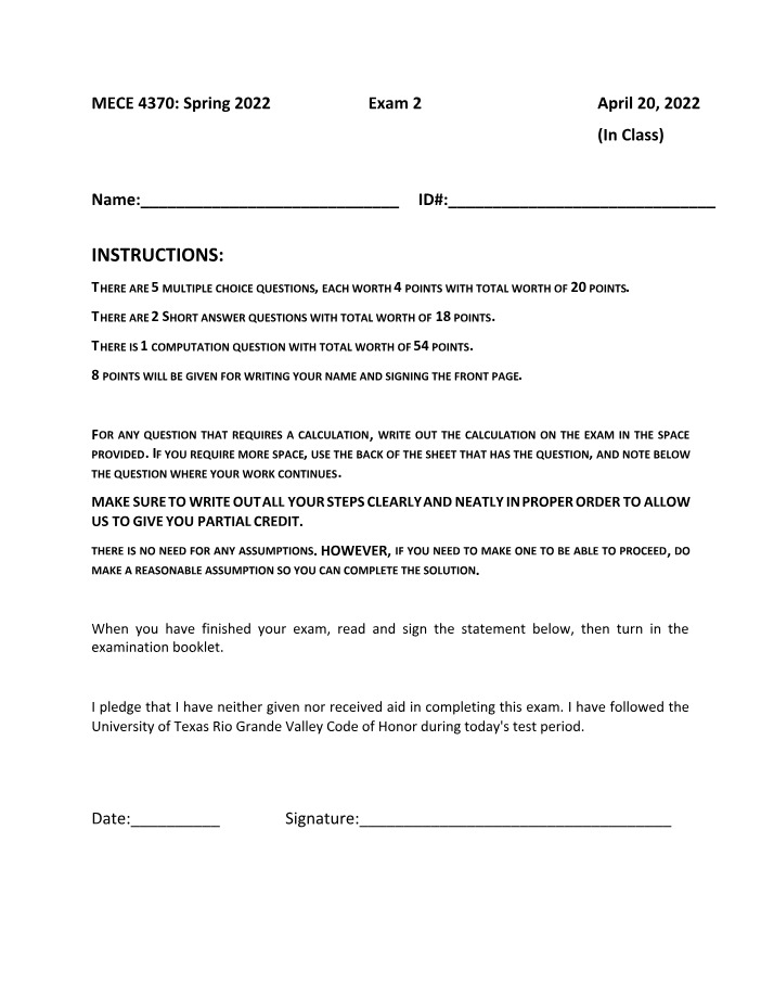 Exam 2 - Multiple Choice, Short Answer, and Computational Problems