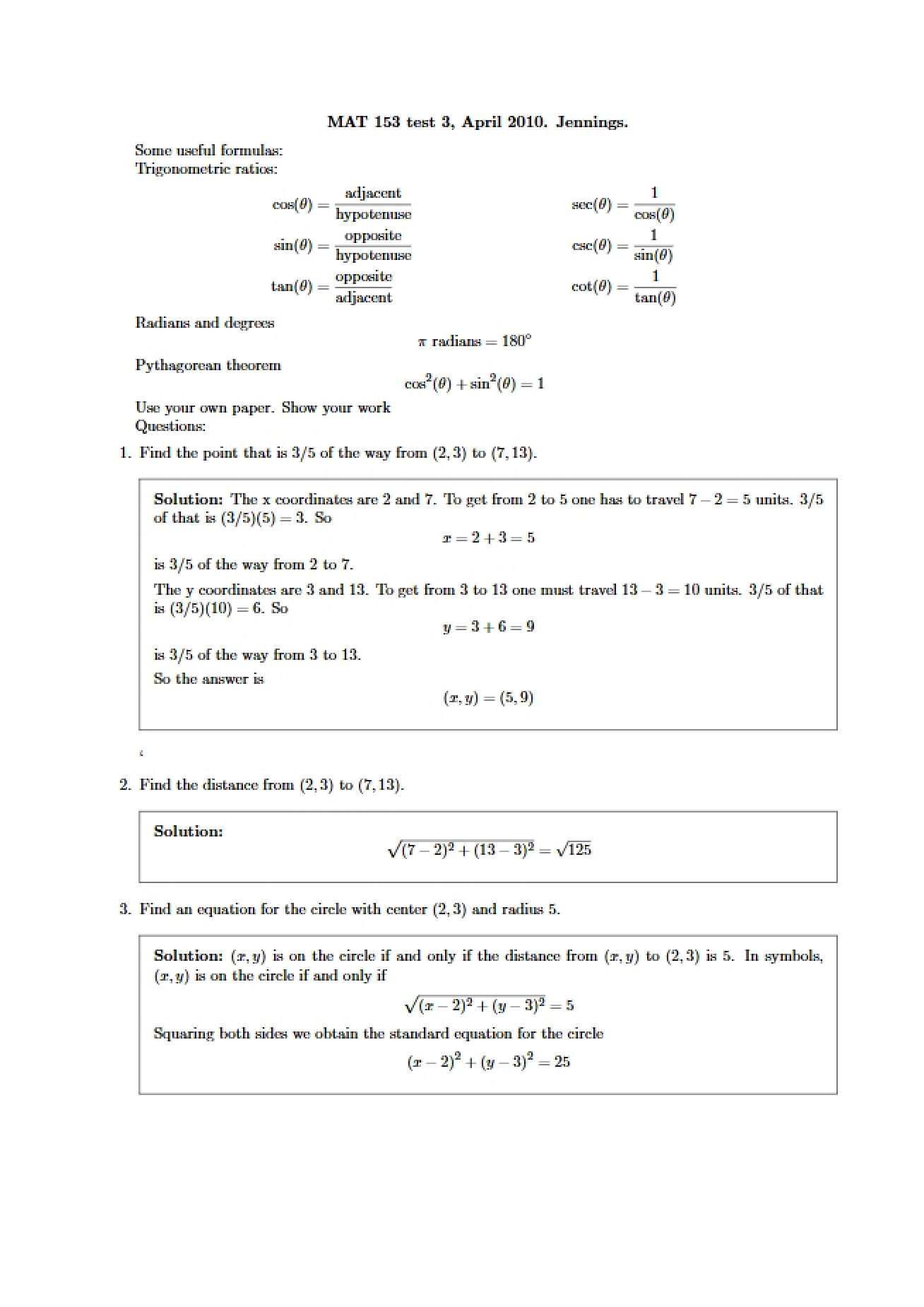 Test Three Pre-Calculus