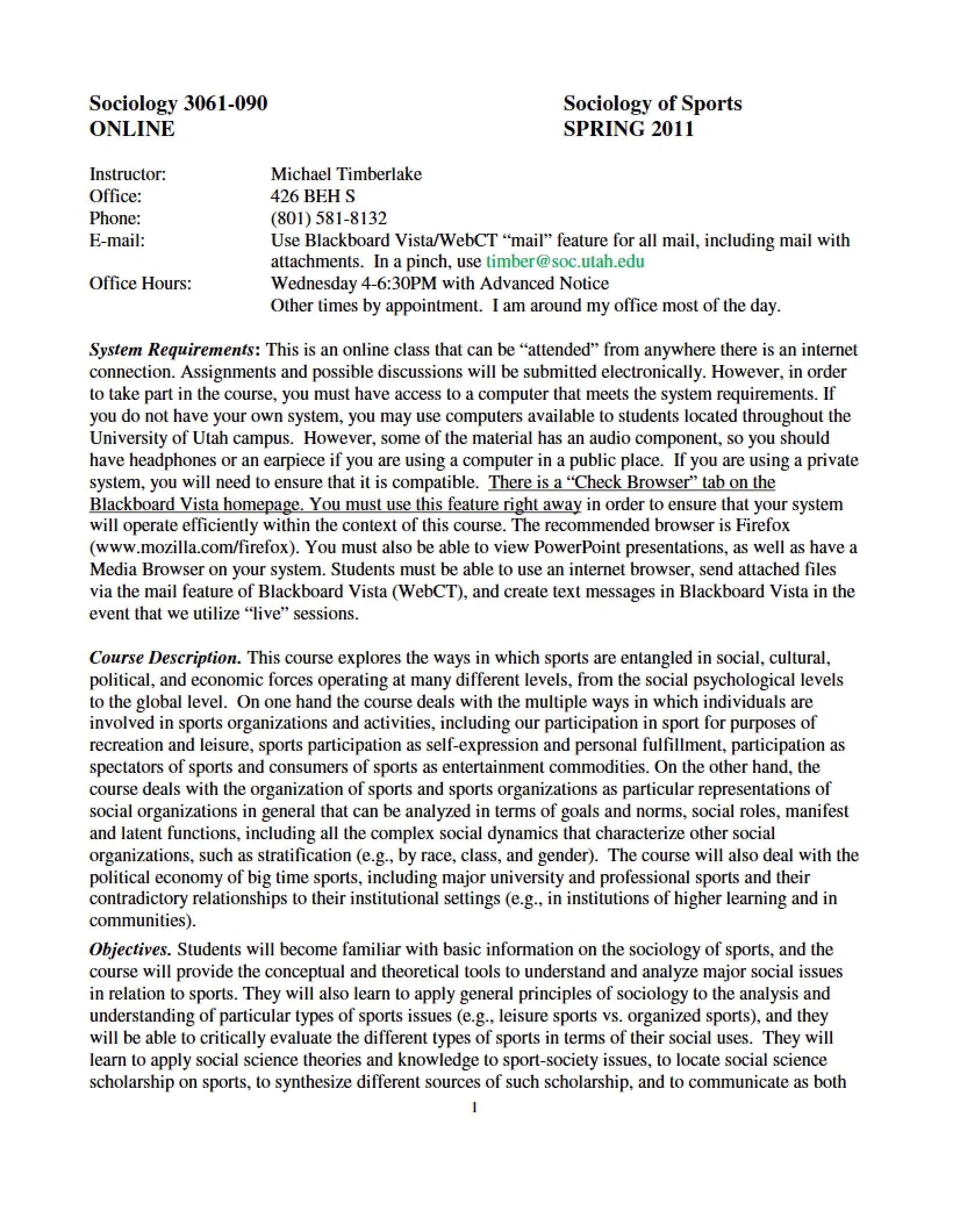 Course Outline Sociology of Sports