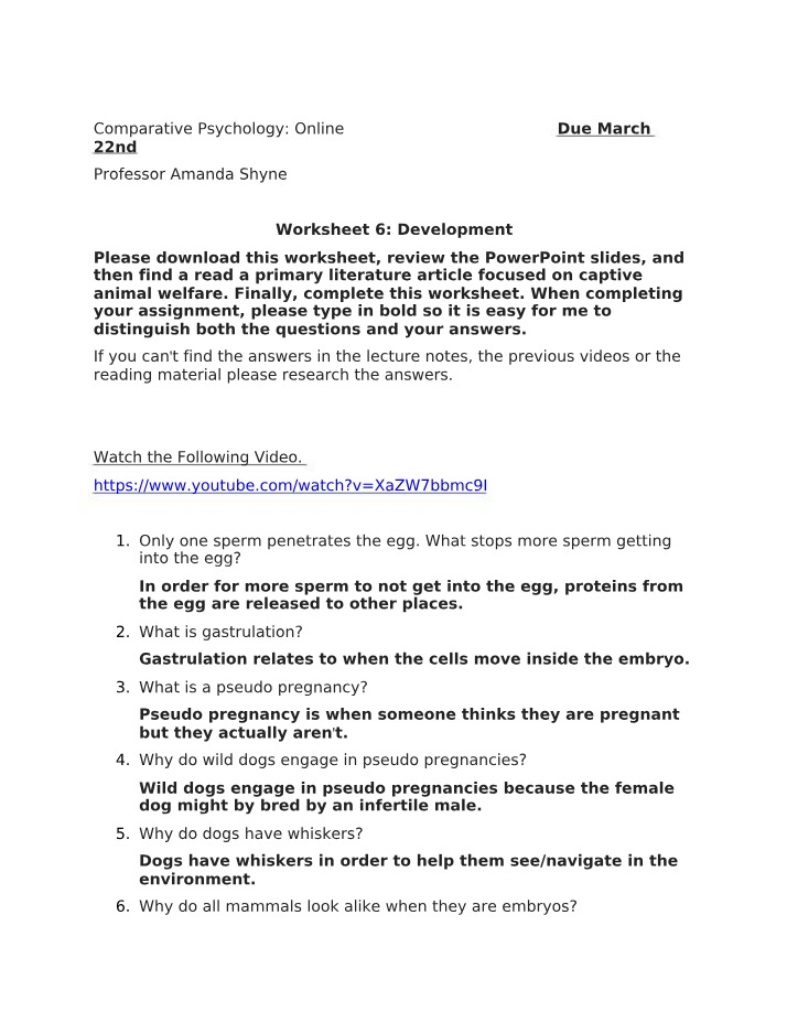 Worksheet and Lecture Questions for Comparative Psychology Development