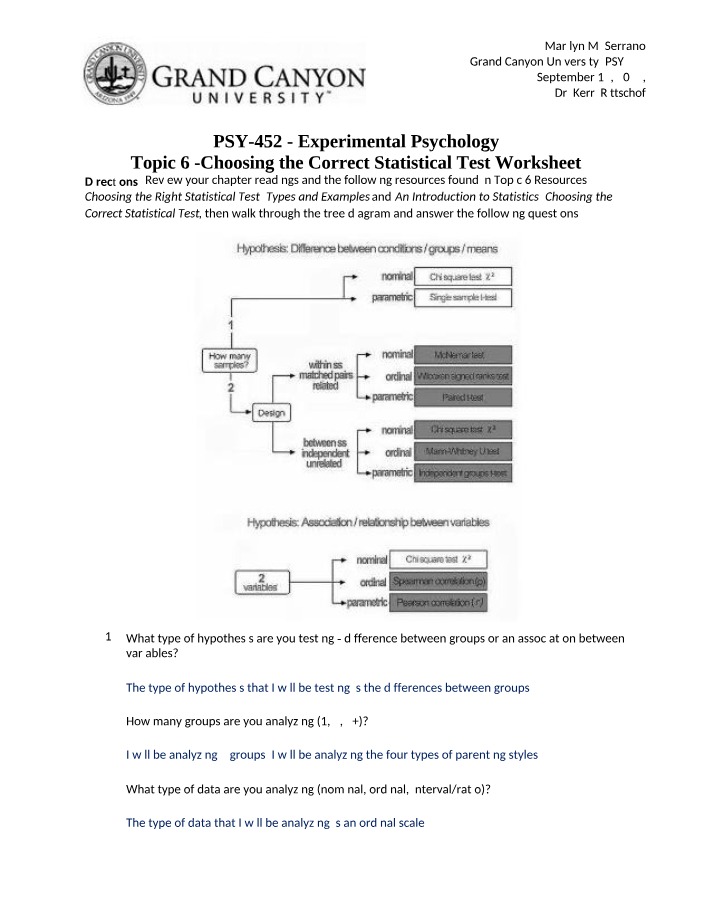 Worksheet - Choosing the Correct Statistical Test
