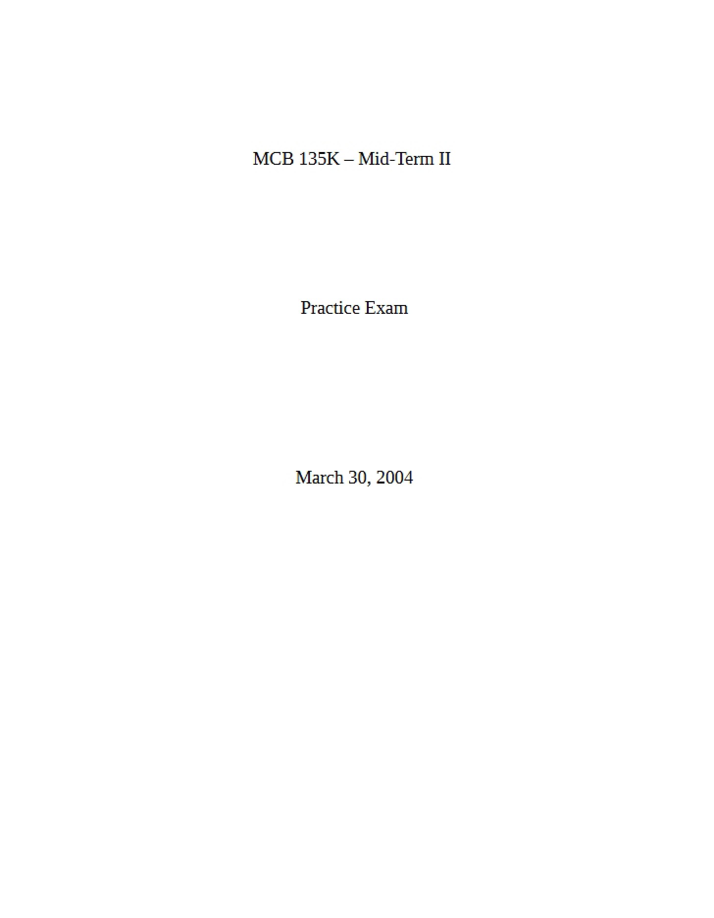 Practice Exam for Mid-II MCB 135K