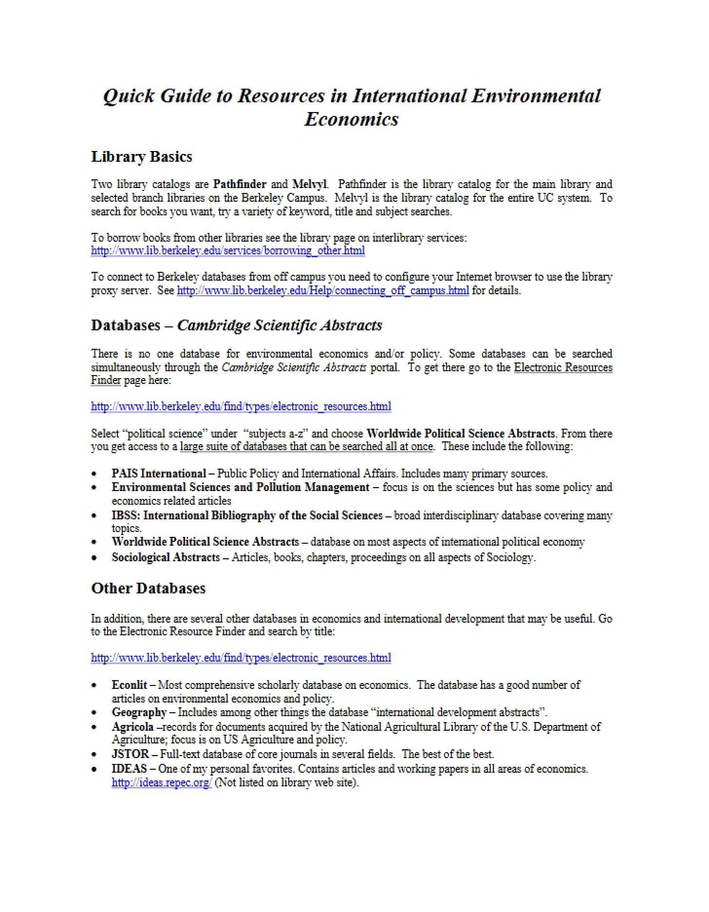 International Environmental Economics Resources A Quick Guide
