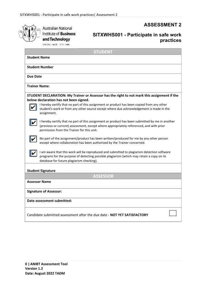 Assessment 2 for SITXWHS001
