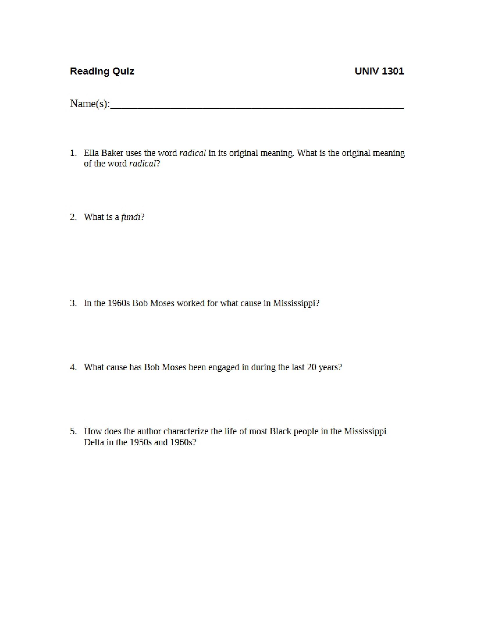 Reading Quiz for UNIV 1301