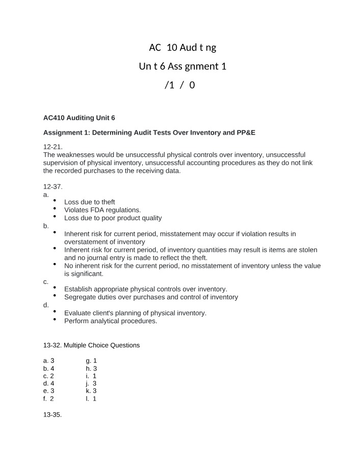 Determining Audit Tests - Inventory and PP&E