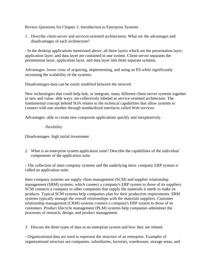 Review Questions on Client-Server and Enterprise Systems Advantages and Disadvantages