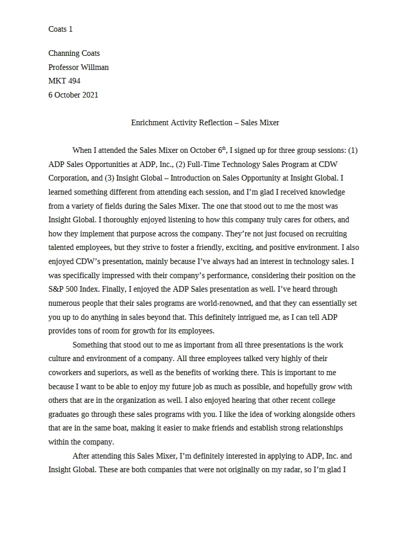 Reflection on Sales Mixer Activity