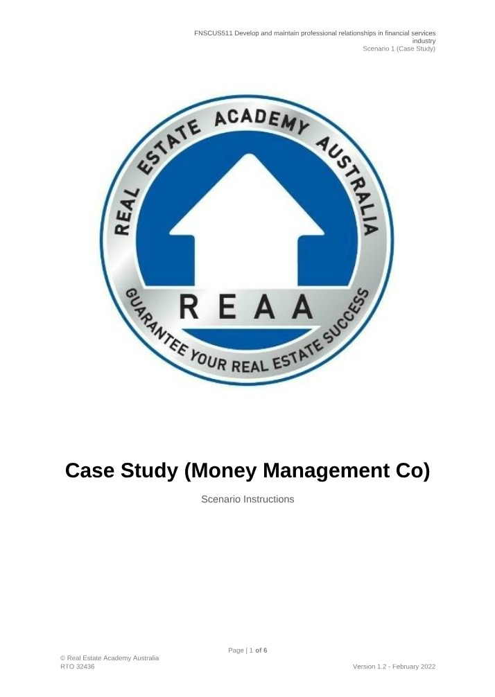 FNSCUS511 Case Study Money Management Co Set 3