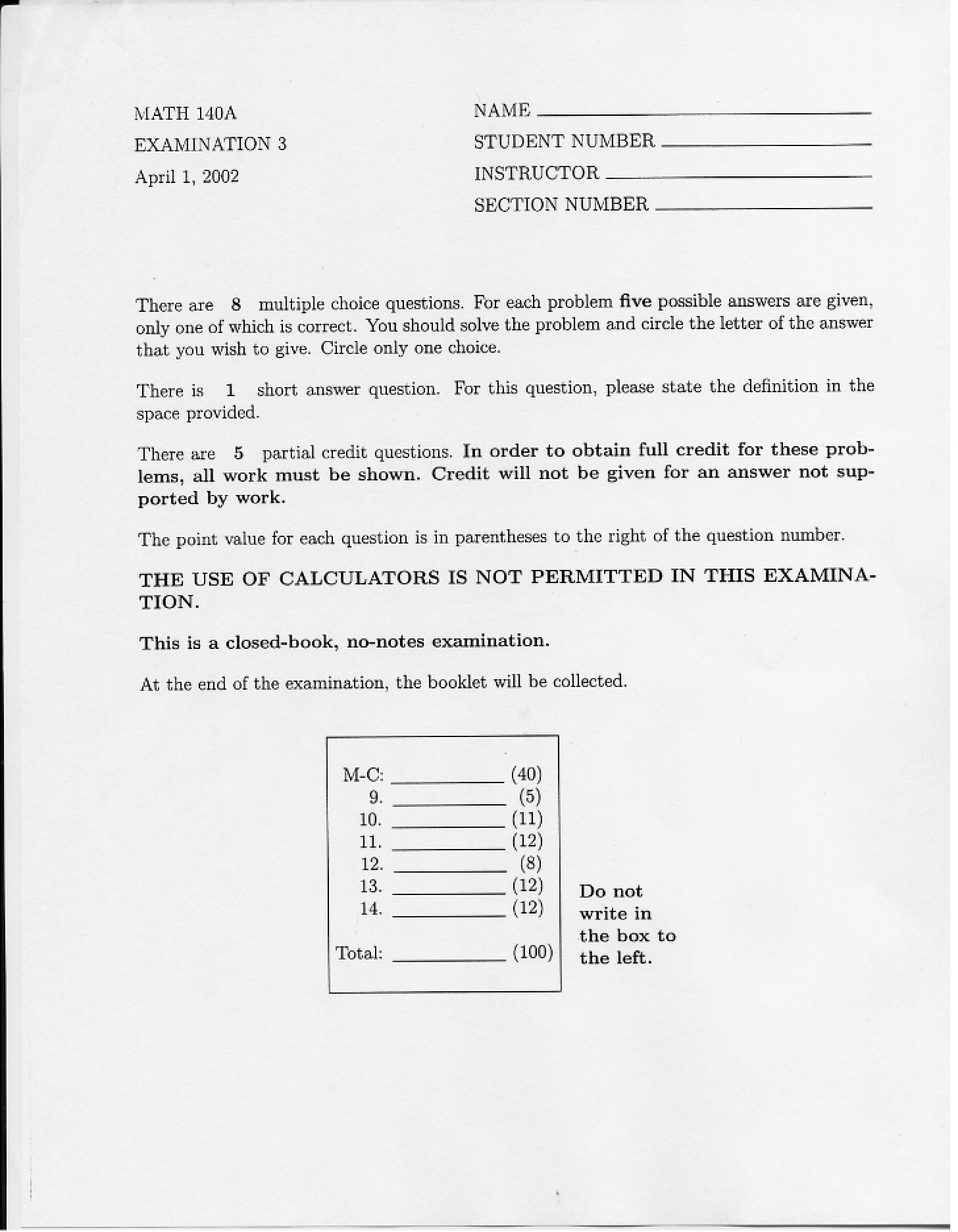 Third Exam Math 140A