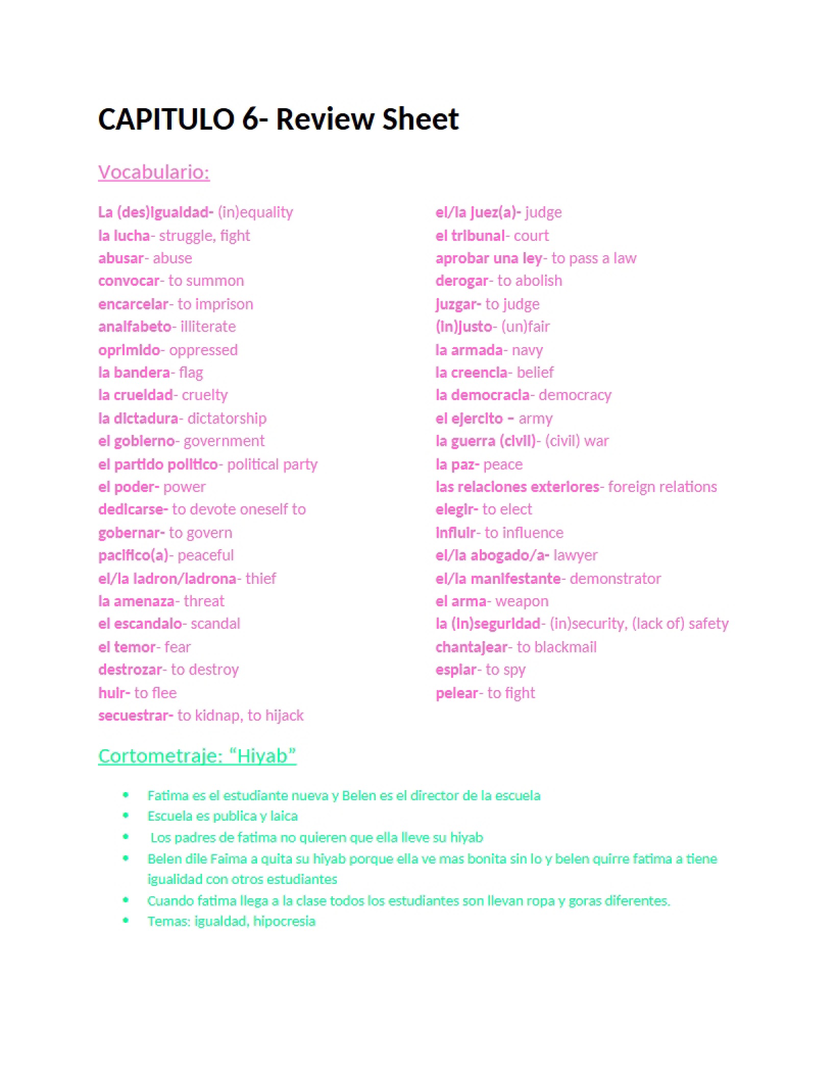 Chapter 6 Study Sheet