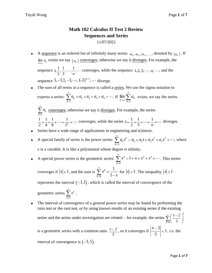 Math 182 Review for Test 2