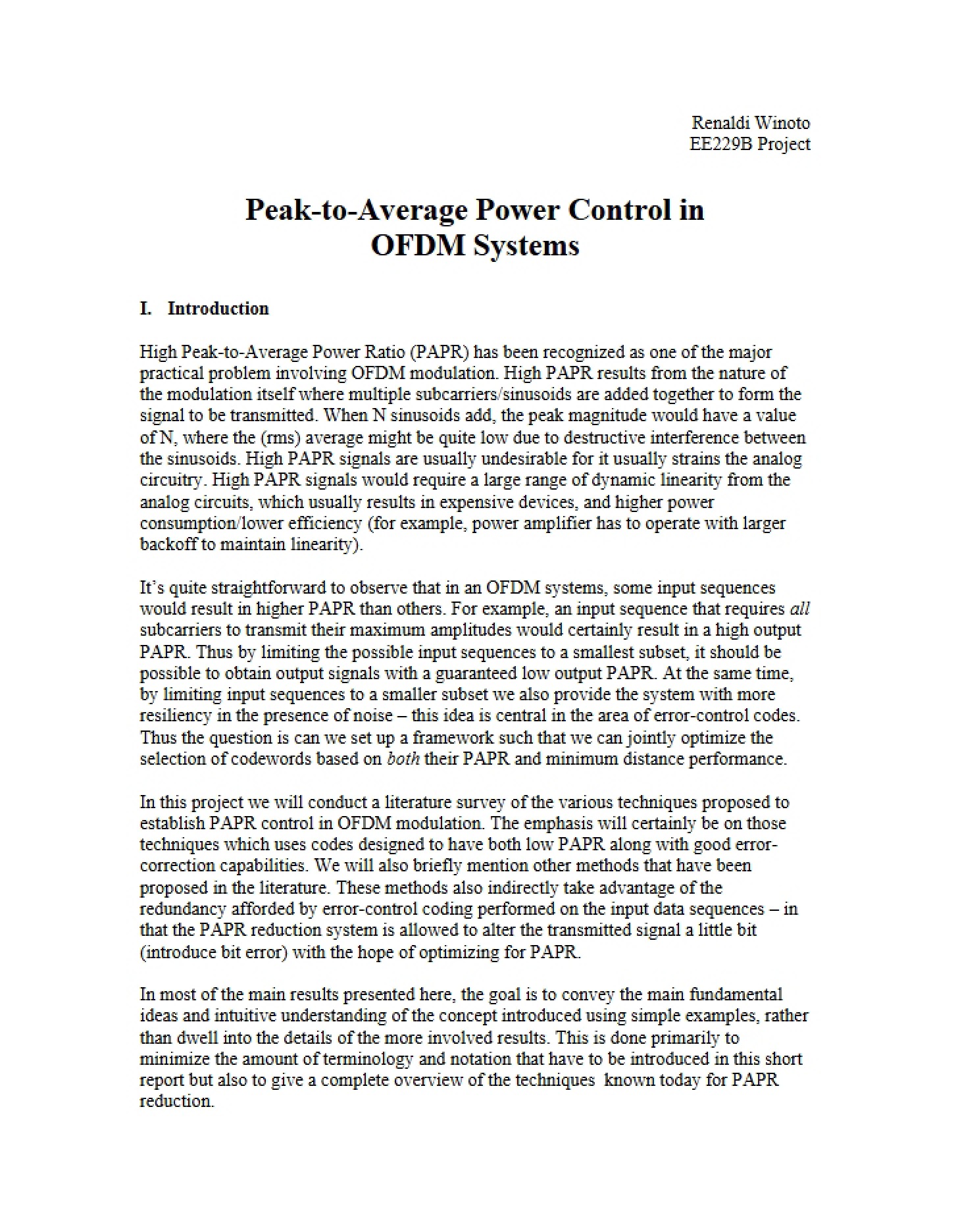 OFDM Systems Peak-to-Average Power Control