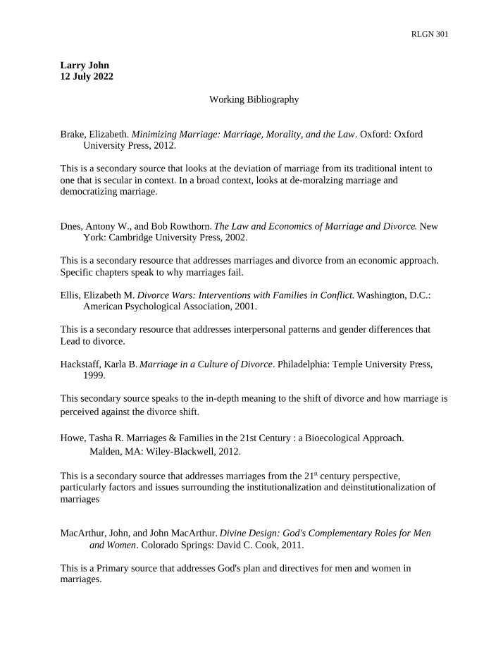 Marriage and Divorce - Working Bibliography
