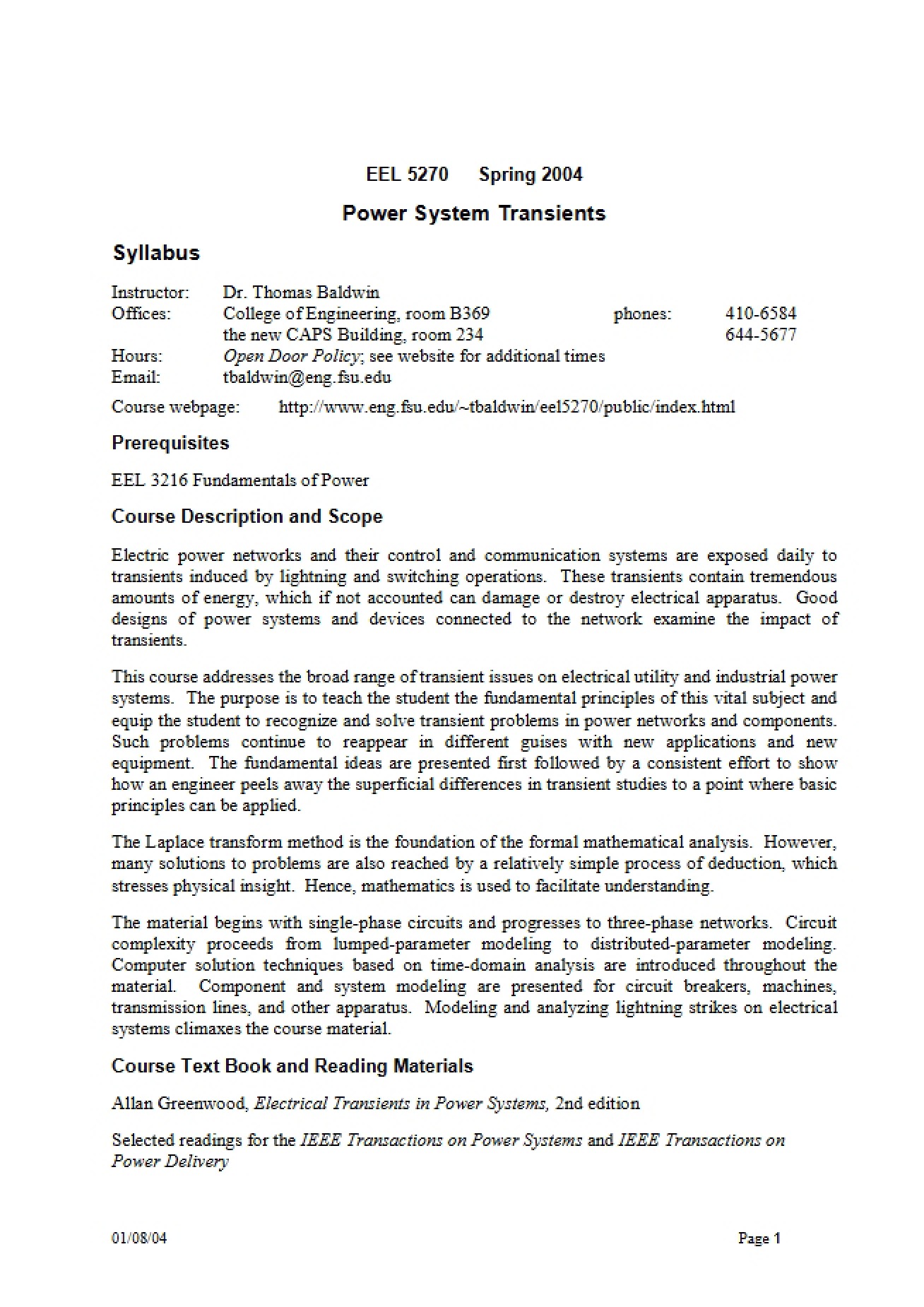 Course Syllabus for Power System Transients