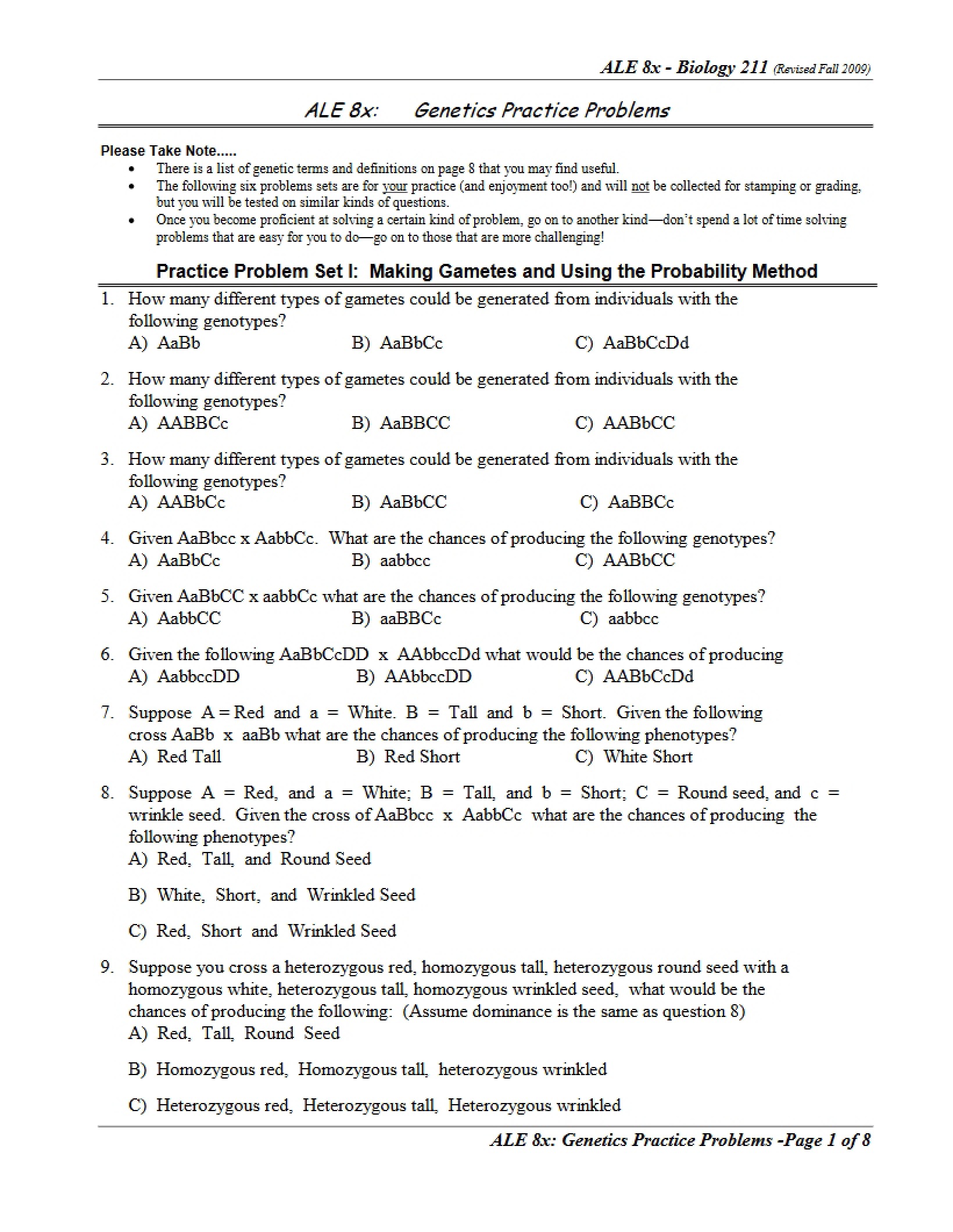 Practice Problems in Genetics