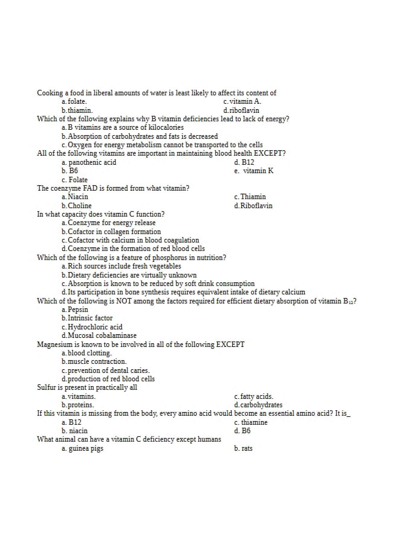 First Set of Nutrition Questions