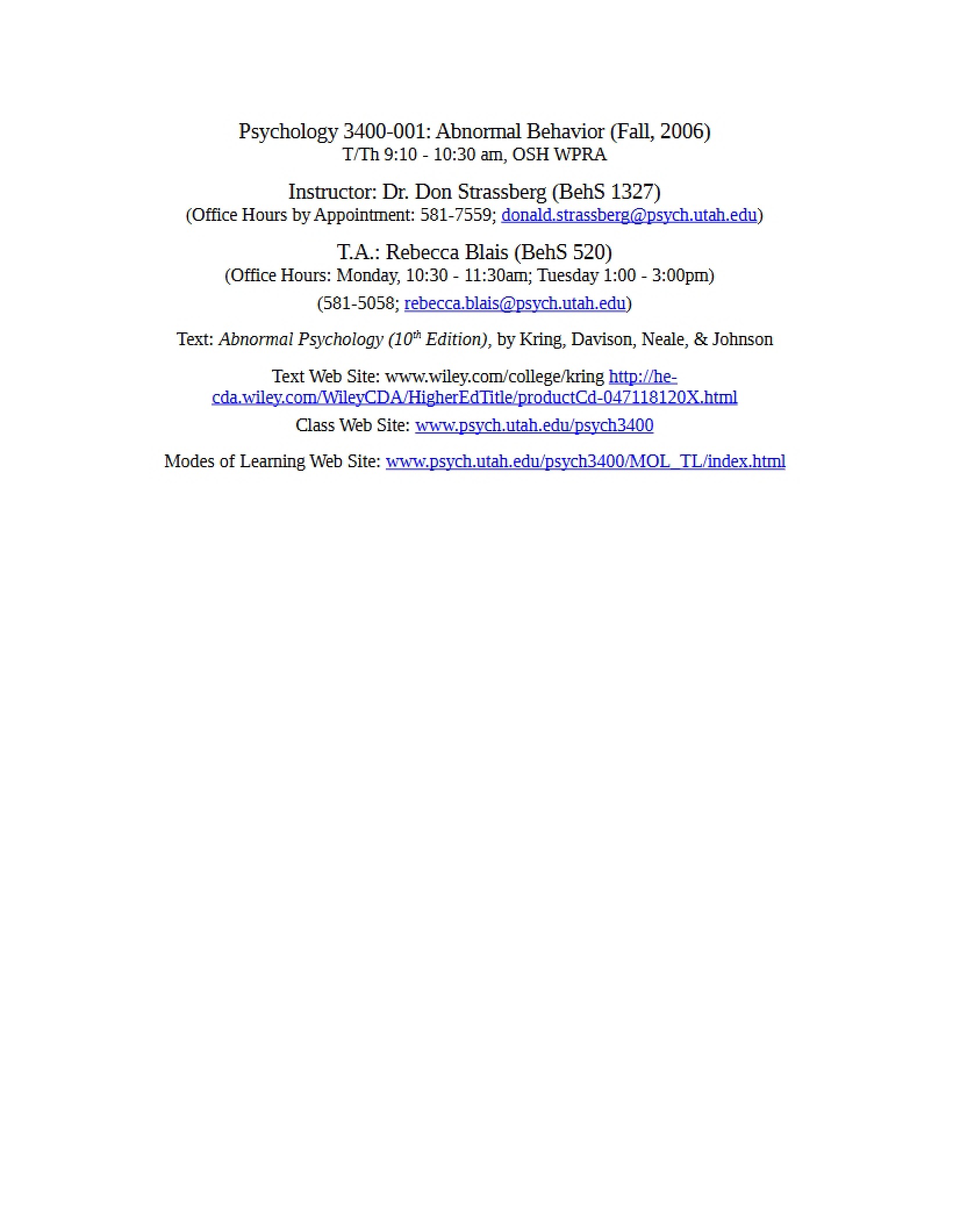 Syllabus for Abnormal Behavior