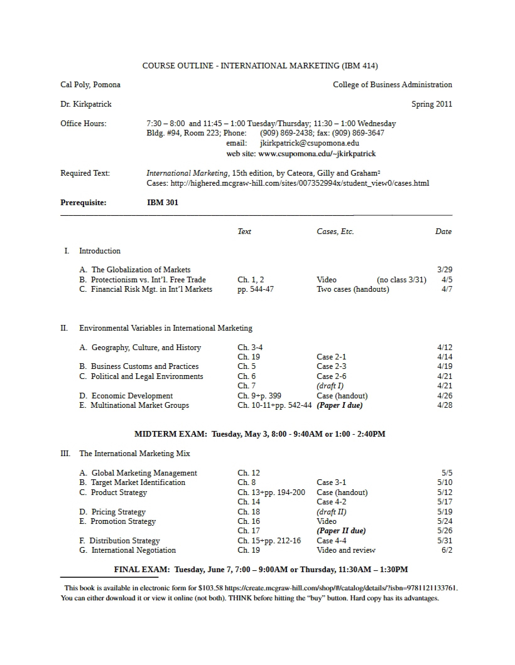 IBM 414 Course Outline