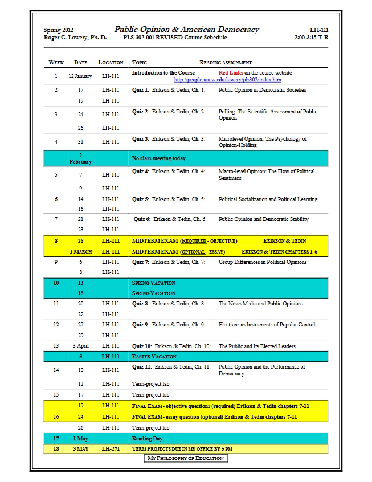 Schedule of Course (Revised)