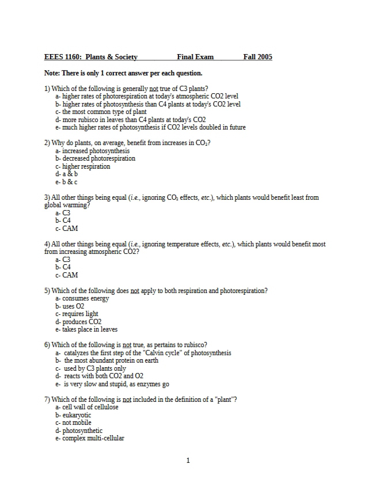 Final Exam Plants and Society